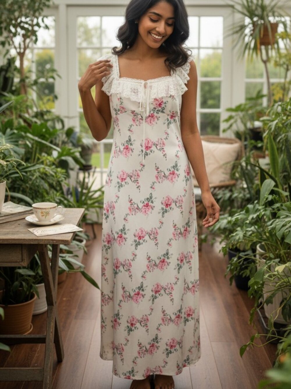 NWT WAYF Floral Lace Trim Maxi Dress M Cottagecore Milkmaid Pink